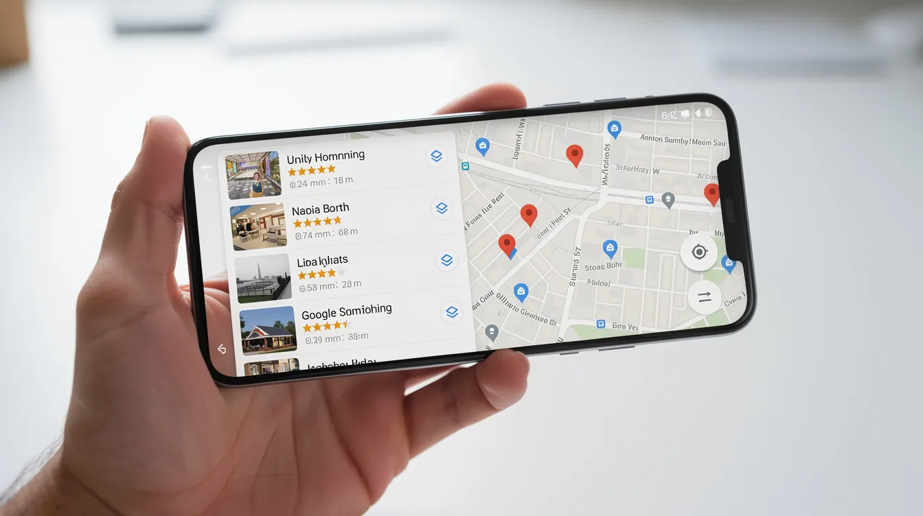 The image shows a smartphone screen displaying Google Maps, featuring a list of local business results and map pins indicating their locations. This visual highlights the importance of local SEO strategies for enhancing visibility among potential customers and improving rankings in local search results.