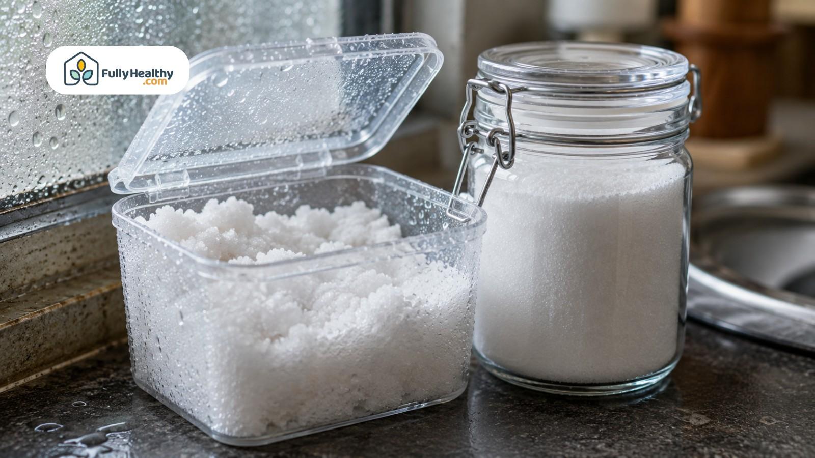 Clumped salt exposed to humidity beside properly sealed airtight glass storage jar