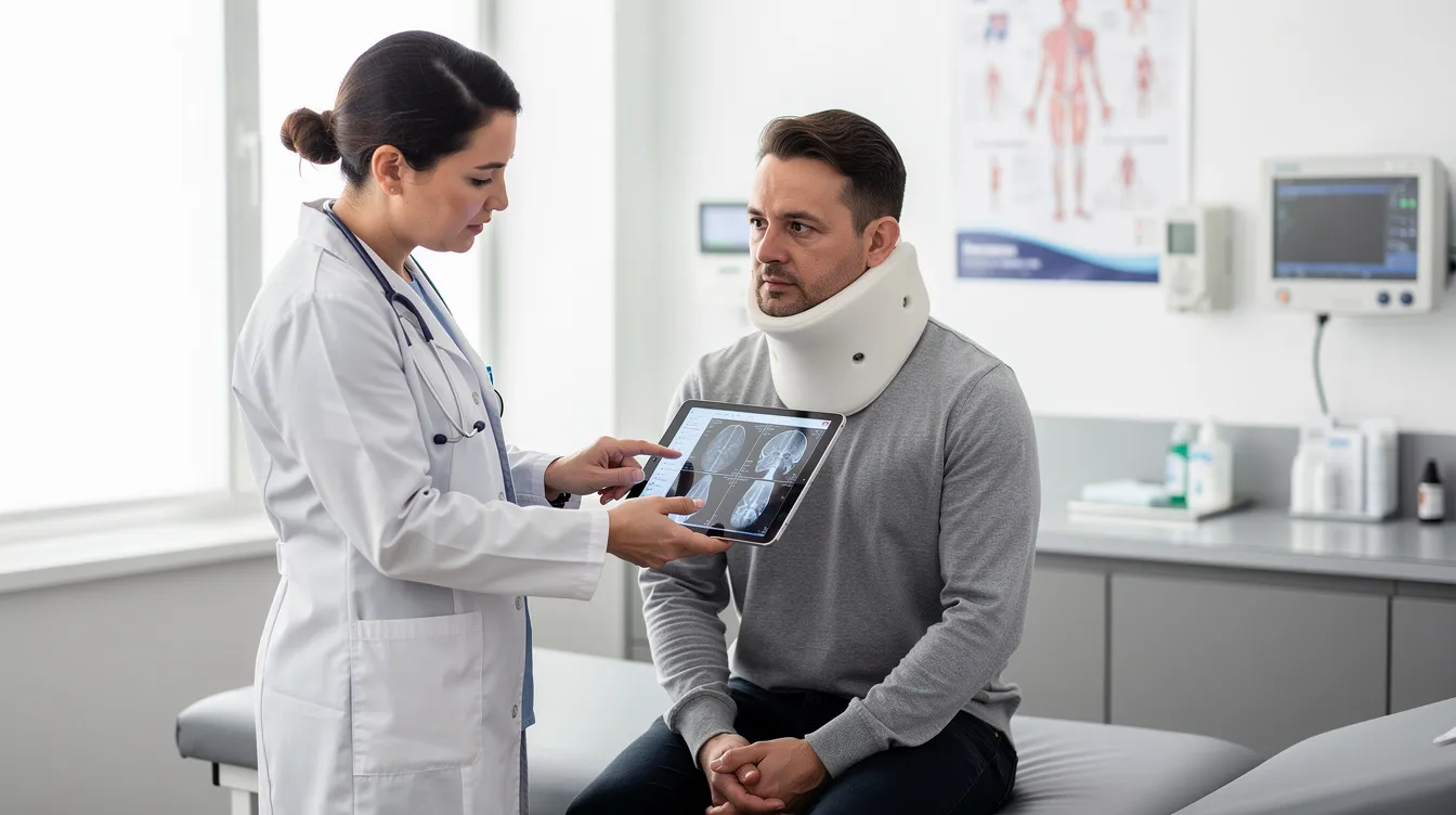 A car accident victim wearing a neck brace consults with a doctor in a modern medical clinic, as the physician reviews medical records and x-rays on a tablet. This scene reflects the serious nature of car accident injuries and the importance of seeking legal representation from experienced car accident attorneys in Phoenix for recovering fair compensation for medical expenses and lost wages.