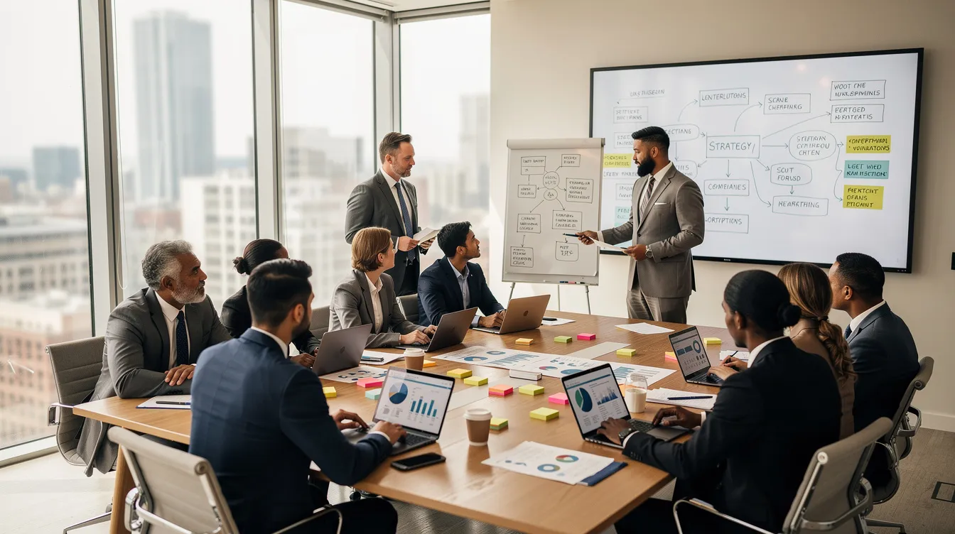 Une équipe diversifiée de collaborateurs est réunie autour d'une grande table dans une salle de conférence lumineuse, participant à un atelier stratégique. Ils échangent des idées sur la vision et les objectifs de l'entreprise, travaillant ensemble pour élaborer un plan qui guidera leur trajectoire vers l'avenir.