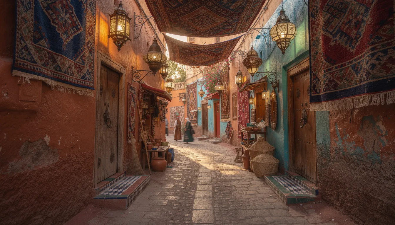 The image depicts a vibrant narrow alleyway in a Moroccan medina, adorned with colorful textiles and hanging lanterns, showcasing the rich history and traditional culture of Morocco. This scene captures the essence of Moroccan life, inviting visitors to explore its intricate patterns and handcrafted items.