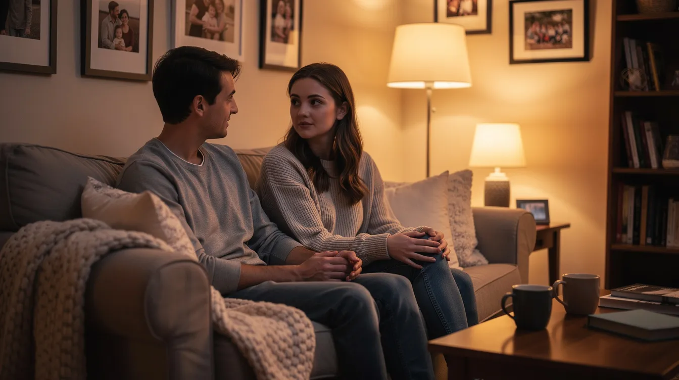 A parent and teenager are sitting together on a couch in a warmly lit living room, engaged in a calm conversation. This moment reflects a supportive environment where they can discuss important topics such as peer pressure, personal values, and making smart choices in life.