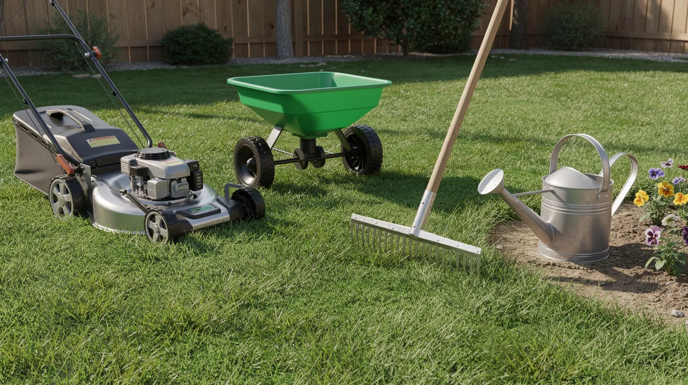 The image shows a vibrant green garden lawn, featuring a mower, spreader, rake, and watering can positioned nearby, indicating a well-maintained space ideal for lawn care. This healthy grass is likely supported by proper lawn fertiliser and regular mowing, promoting lush growth and a thriving environment.