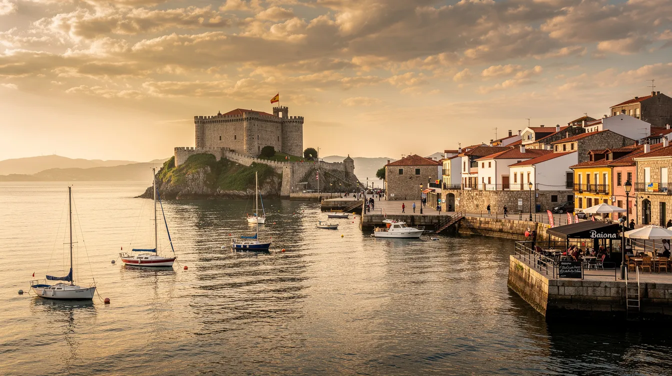 A imagem mostra a fortaleza de Monterreal, localizada em Baiona, na Galiza, com vista para o Oceano Atlântico. Ao fundo, é possível ver o centro histórico da cidade e a beira-mar, refletindo a rica história e o turismo da região.