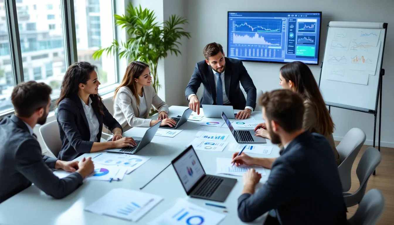 A diverse team of fintech professionals is collaborating around a conference table, equipped with laptops and analyzing financial charts. They are discussing embedded finance solutions to enhance customer engagement and integrate financial services directly into non-financial platforms, aiming to improve customer experience and create new revenue streams.