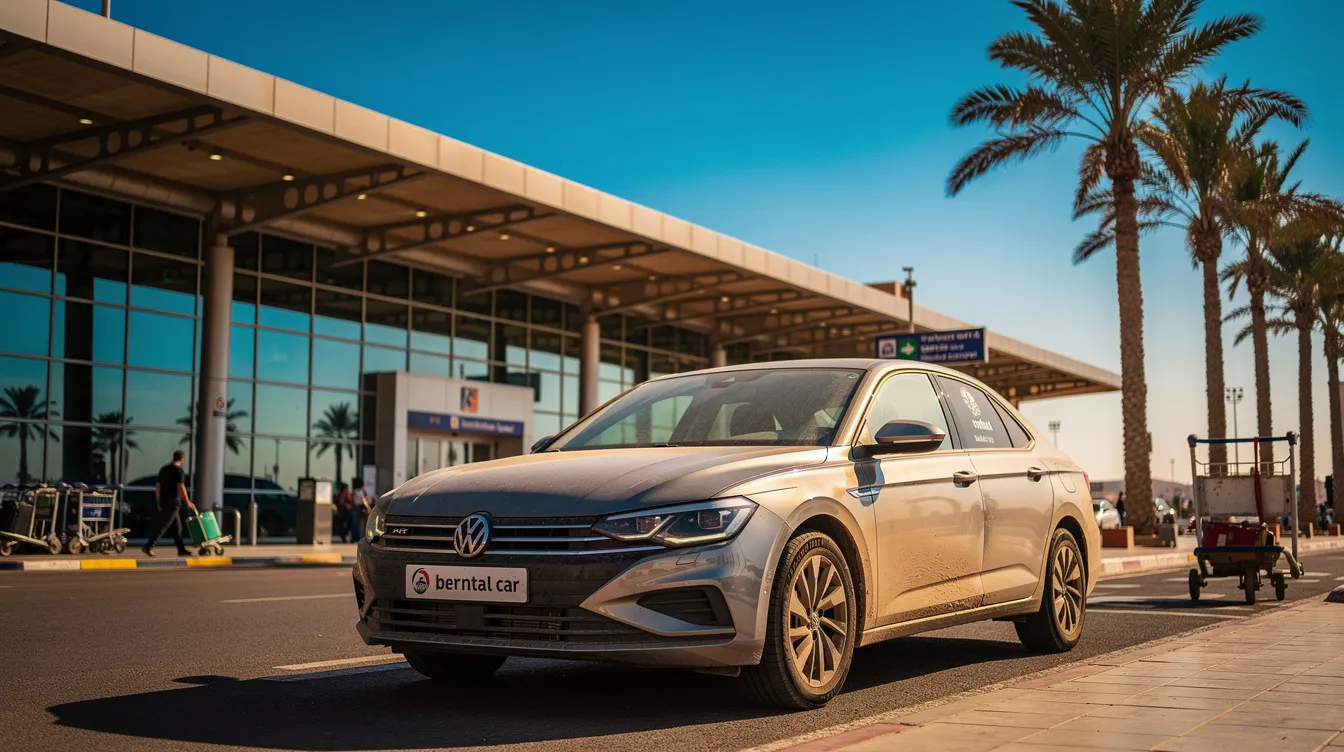 A rental car is parked outside a Moroccan airport terminal, surrounded by palm trees and set against a clear blue sky, creating a picturesque scene for travelers looking to rent a car for their journey. This location offers convenient access for those planning their next road trip or travel plans.