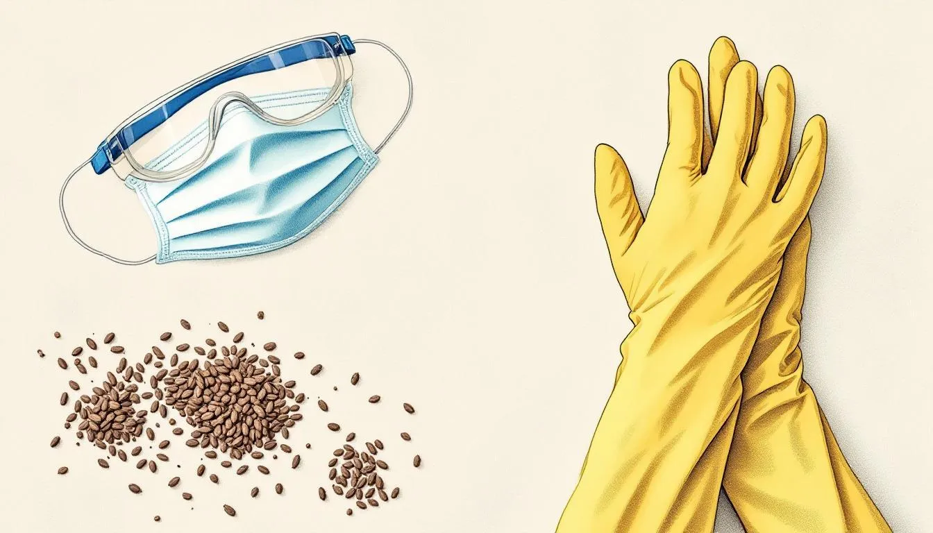 An arrangement of essential protective gear for cleaning rat droppings, including gloves and masks, with a blurred background.