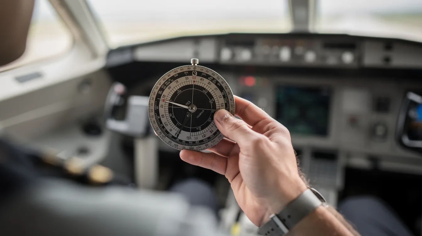 A pilot's hand is grasping a traditional circular E6B flight computer, with an aircraft cockpit subtly visible in the background, demonstrating the use of this tool for performance calculations related to altitude and atmospheric conditions. The image highlights the importance of calculating density altitude and understanding how air pressure and temperature affect aircraft performance during flight.