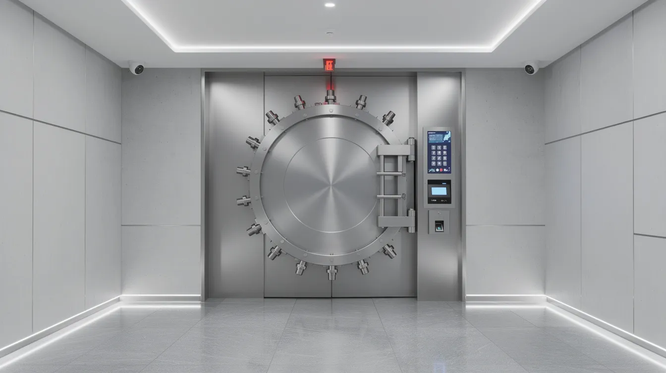 The image features a sleek and robust modern high-security vault door, prominently displayed in a financial facility, symbolizing the protection of retirement assets such as gold and silver. This sophisticated design reflects the importance of safeguarding precious metals, a key component in retirement planning and investment strategies.