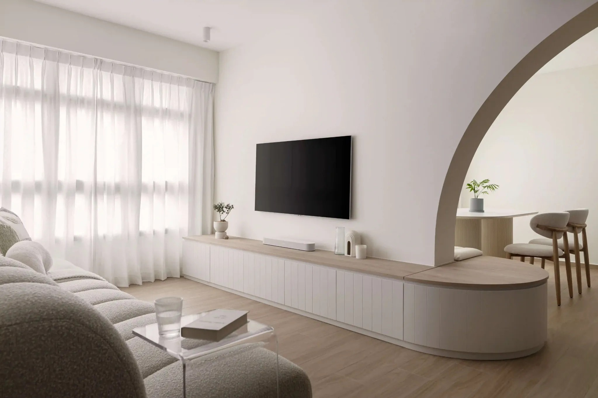scandinavian house living room with natural light, clean lines and wood accents