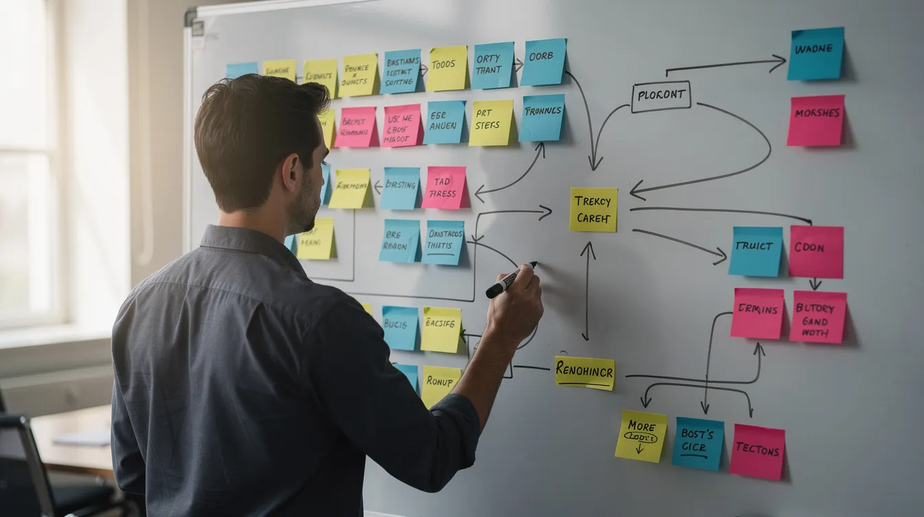A person is actively drawing a flowchart on a whiteboard, using colorful sticky notes and arrows to connect various stages of a digital marketing strategy. The visual represents different components of digital marketing campaigns, illustrating how elements like social media marketing and content marketing interact within the overall marketing efforts.