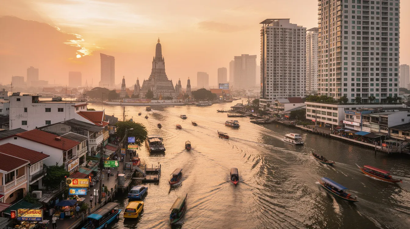 A imagem retrata a vibrante cidade de Bangkok, na Tailândia, com seus arranha-céus modernos e o famoso rio Chao Phraya ao fundo. É possível ver o Grande Palácio e o templo Wat Phra Kaew, símbolos da rica tradição e cultura tailandesa, rodeados por tuk tuks e a movimentação típica das ruas.