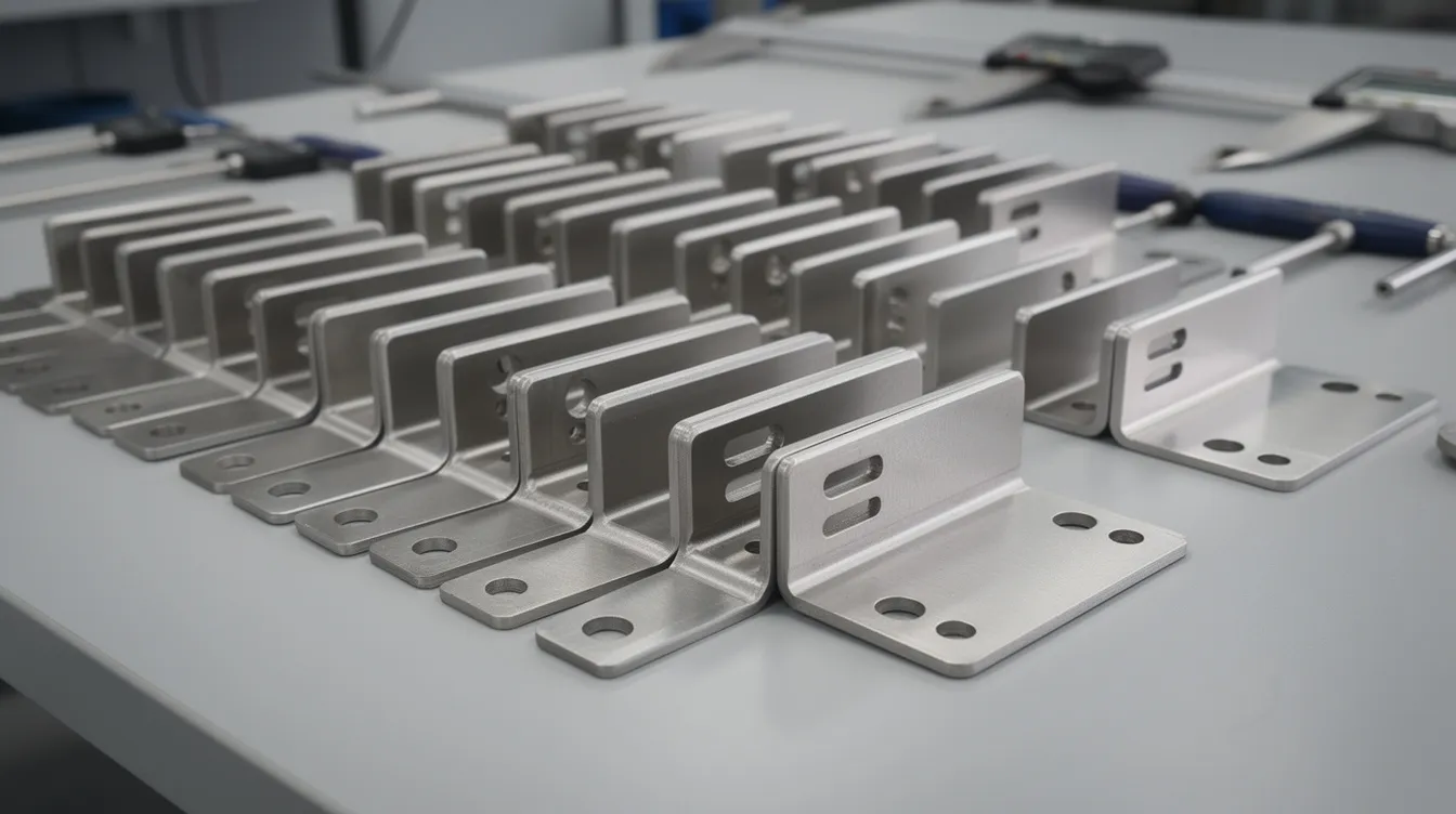 The image shows a collection of finished bent steel brackets and enclosures neatly arranged on a factory inspection table, showcasing the precision of the bending process with tight tolerances and smooth edges. These sheet metal parts are ready for further assembly or installation, demonstrating the effectiveness of modern sheet metal bending techniques.