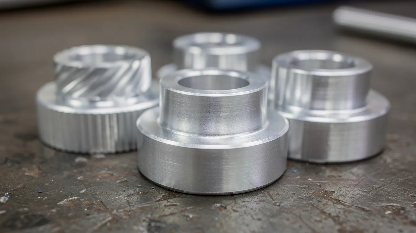 A close-up view of several raw machined aluminum parts with a matte silver finish is displayed on a metal workbench, showcasing the smooth aluminum surfaces and intricate details of the small aluminum parts. The image highlights the quality and durability of the aluminum material, emphasizing its readiness for surface prep and painting processes.