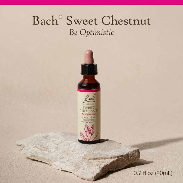 Bach Sweet Chestnut remedy bottle with the text "Be Optimistic."