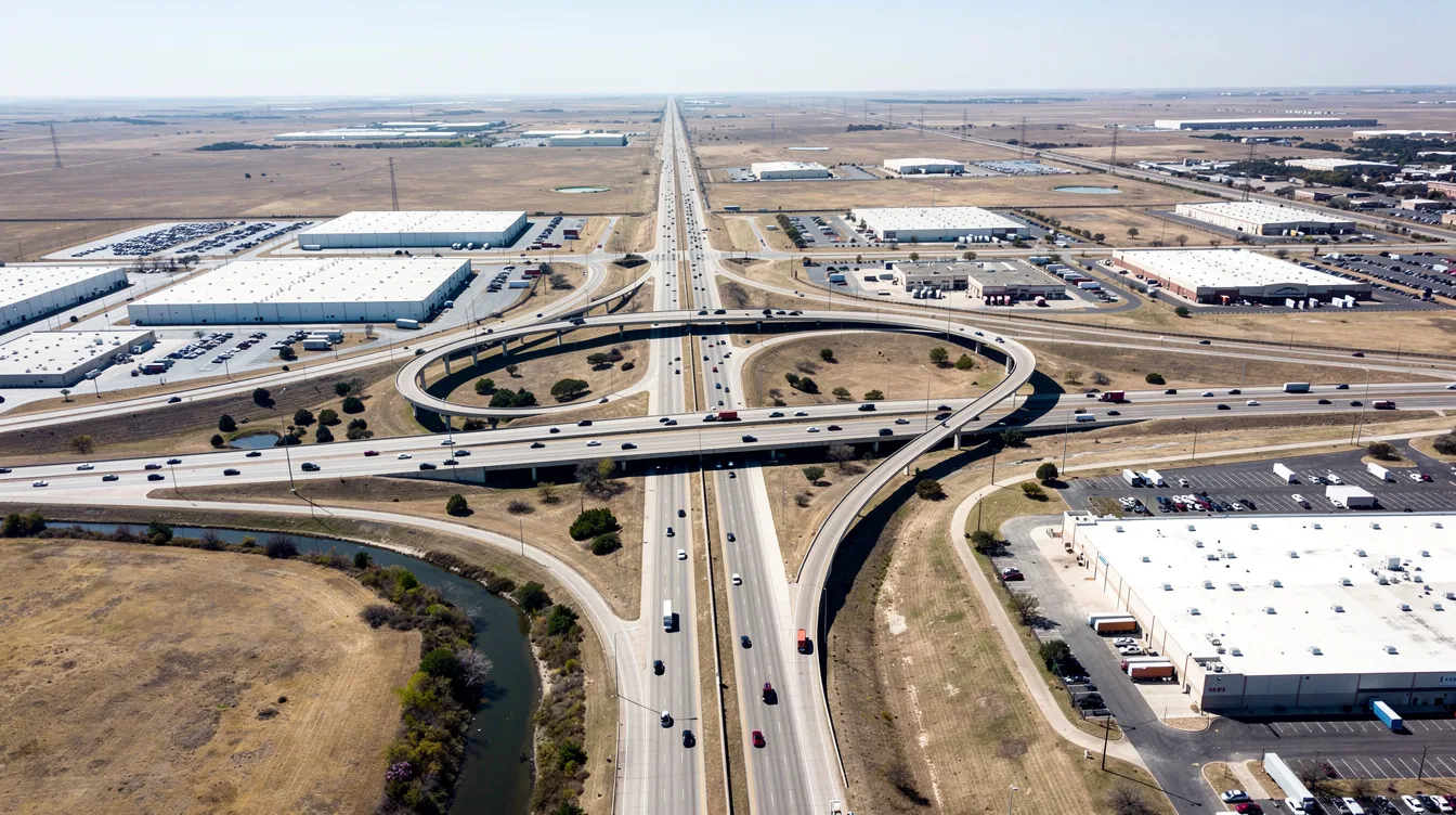 An aerial view showcases a complex highway interchange intersecting through a flat Texas landscape, surrounded by various industrial and commercial developments. This scene highlights the construction industry's significance in meeting growing demands and the importance of skilled construction workers in maintaining project timelines and enhancing safety at job sites.