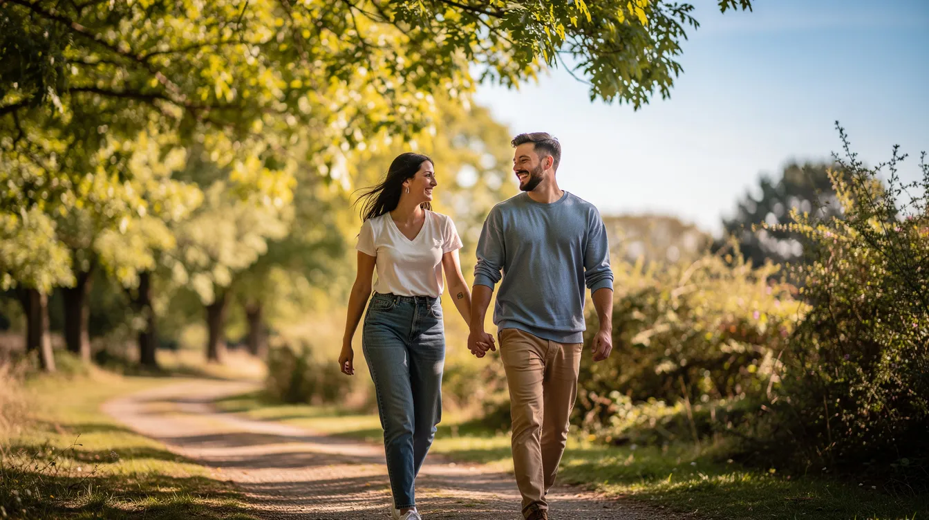 A happy couple is walking together on a sunny day, sharing genuine smiles in a natural outdoor setting, embodying the essence of a thriving relationship filled with emotional connection and quality time. Their joyful interaction reflects mutual respect and the fulfillment of each other's emotional needs, creating a strong foundation for their romantic partnership.