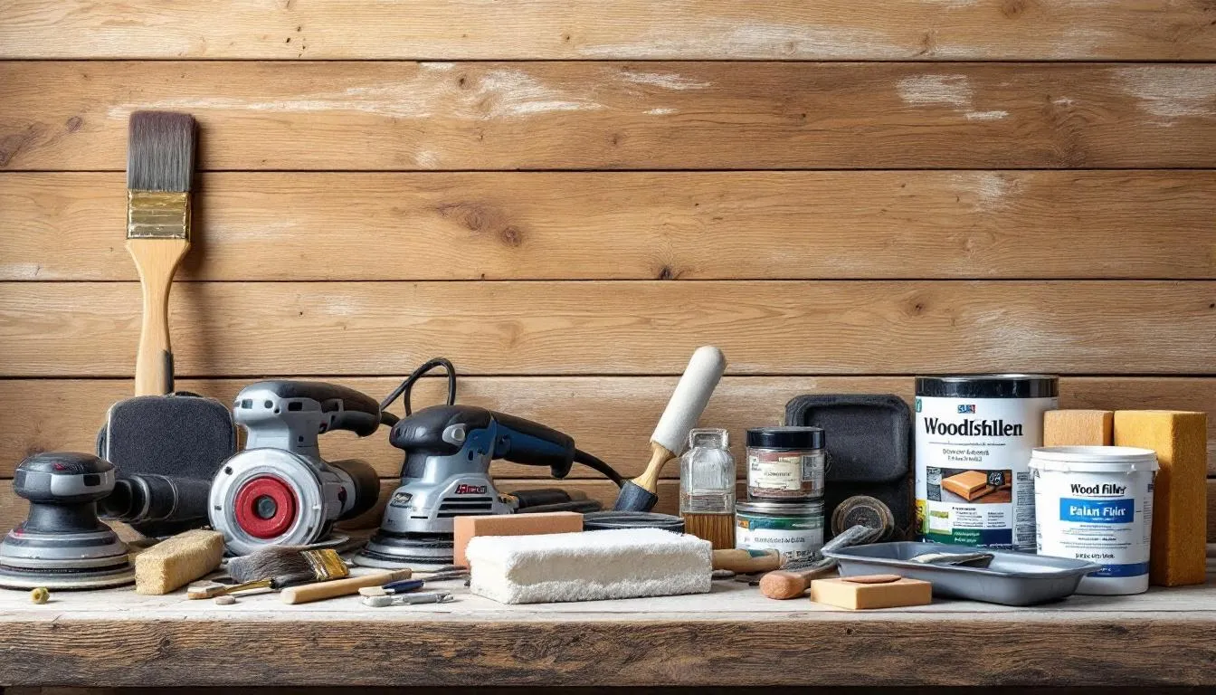 Essential tools for refinishing furniture including sanders and paint supplies.