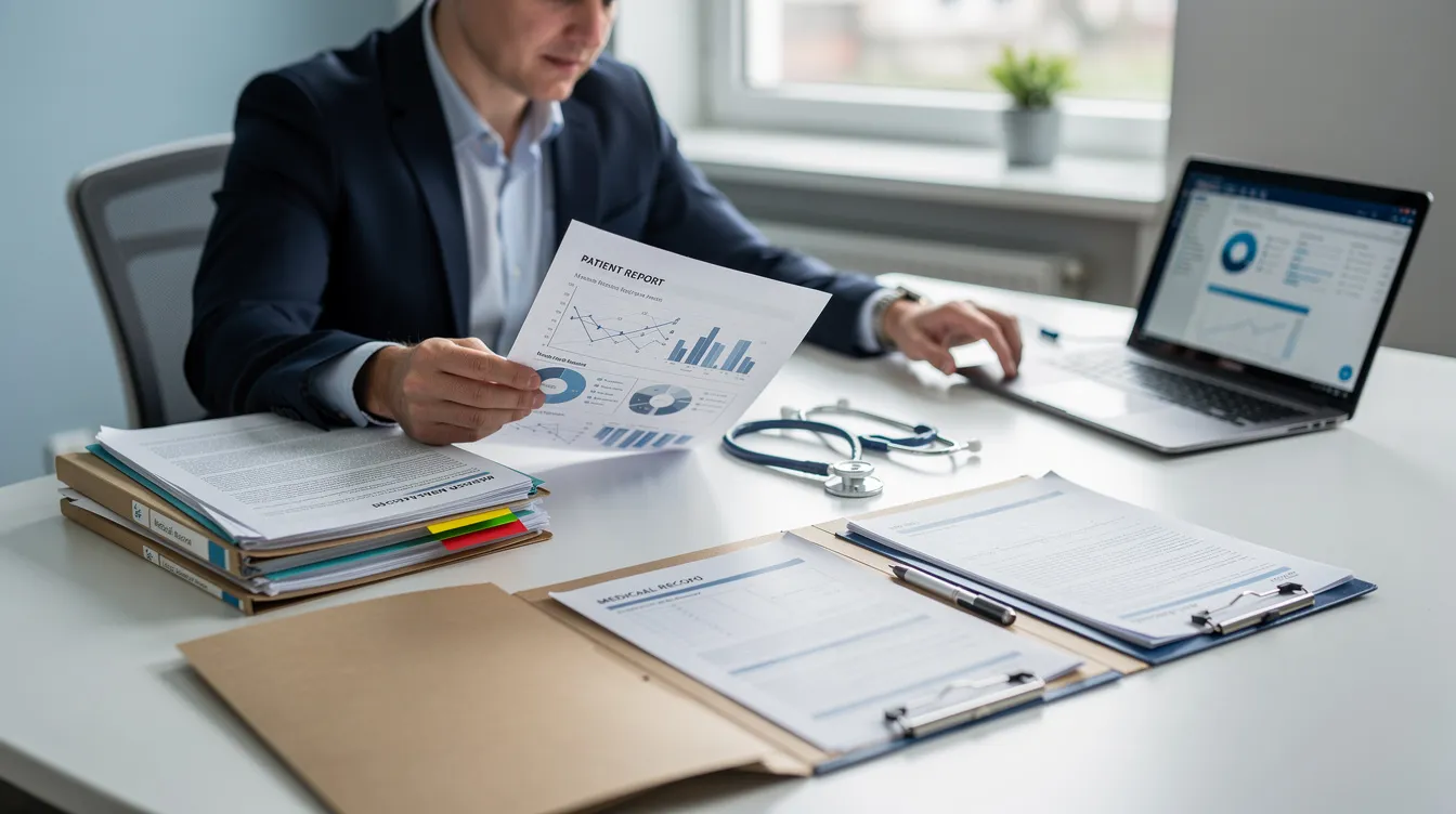 A person is seated at a table, meticulously reviewing a stack of documents and medical records, possibly related to a medical malpractice claim. The scene suggests a focus on understanding medical negligence and the implications of a failure to diagnose in the context of legal action.