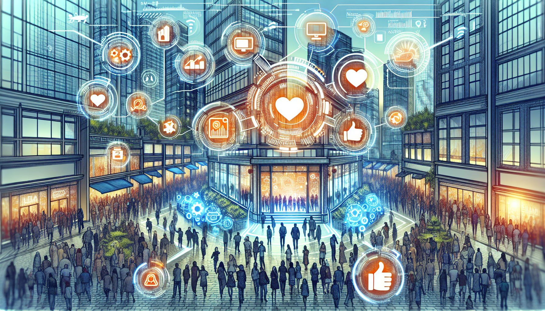 Futuristic illustration depicting a dynamic mobile-driven market with various businesses showcasing their mobile-optimized websites. The scene highlights the importance of first impressions and customer loyalty, featuring diverse customers engaging with their devices in a vibrant urban setting. Visual elements represent competition, such as graphs indicating growth and brand reputation, emphasizing the significance of mobile-first design in achieving a competitive edge in 2025.