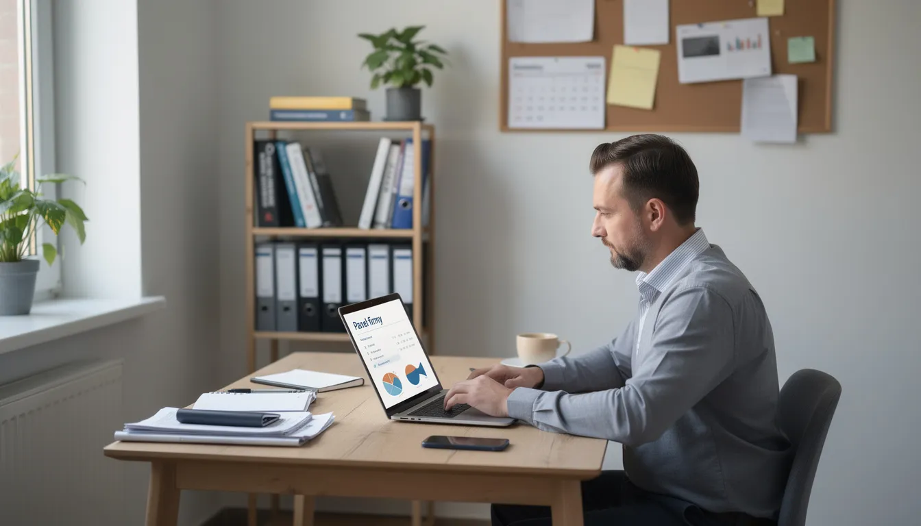 Na zdjęciu widoczny jest przedsiębiorca pracujący przy laptopie w małym biurze, otoczony dokumentami finansowymi. Jego praca koncentruje się na zarządzaniu fakturami z odroczonym terminem płatności, co jest typową usługą dla małych i średnich przedsiębiorstw w branży transportowej.