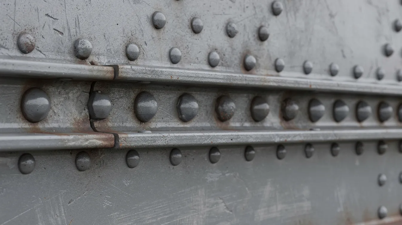 A close-up image showcases riveted steel panels on an industrial bridge, highlighting rows of dome-head steel rivets that join thick metal plates through pre-drilled holes. The intricate details of the rivets and the robust structure illustrate the engineering work involved in the project, emphasizing the strength and durability required for automotive applications.