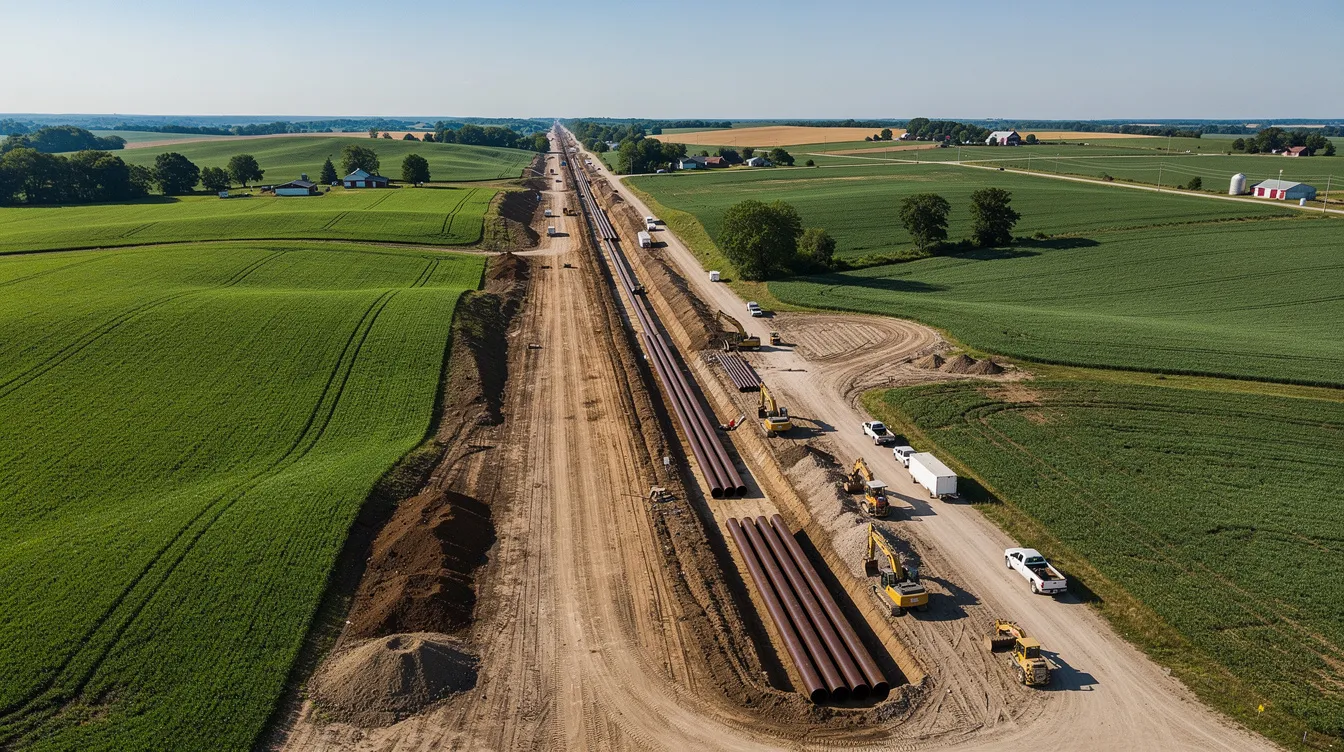 An aerial view showcases a pipeline construction corridor traversing rural farmland, featuring heavy equipment and an open trench. This scene highlights the complexities of pipeline projects, including considerations of property rights and potential pipeline easements affecting landowners.
