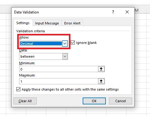 Choose "Decimal" for the data validation criteria under the settings tab.