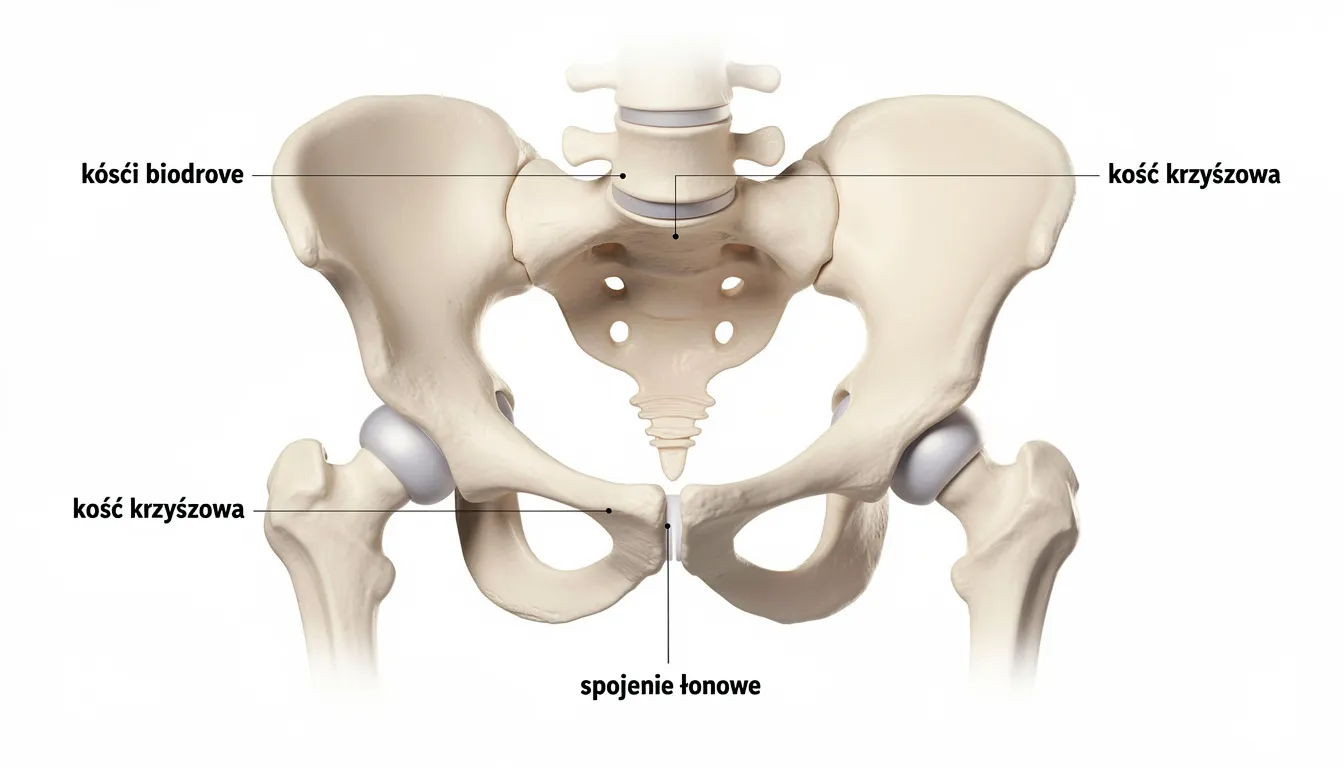 Anatomiczny widok ludzkiej miednicy, ukazujący kości biodrowe, kość krzyżową oraz spojenie łonowe, ilustruje kluczowe elementy układu kostno-mięśniowego, które odgrywają istotną rolę w funkcjonowaniu stawu biodrowego. W obrazie widoczne są także szczegóły dotyczące głowy kości udowej oraz grzebienia biodrowego, co jest istotne w kontekście chorób zwyrodnieniowych stawów.