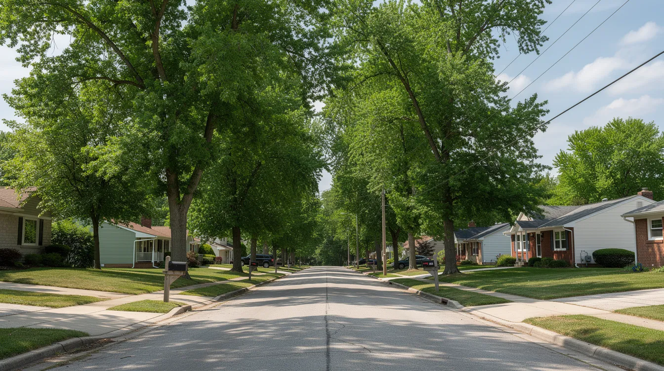 The image depicts a serene, mature tree-lined residential street in a Central Ohio neighborhood, showcasing well-maintained homes and lush greenery that enhances the tranquil atmosphere. The scene captures the essence of suburban living, with tree roots potentially influencing the plumbing systems beneath the surface, hinting at the importance of regular maintenance to prevent issues like clogged drains.