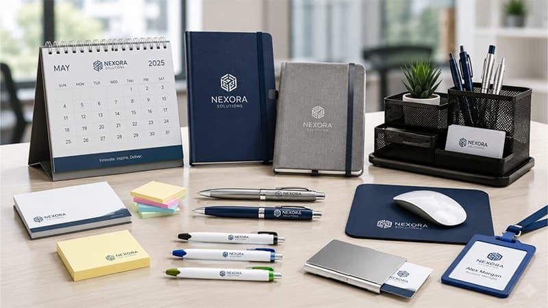Branded office promotional products for business campaigns.