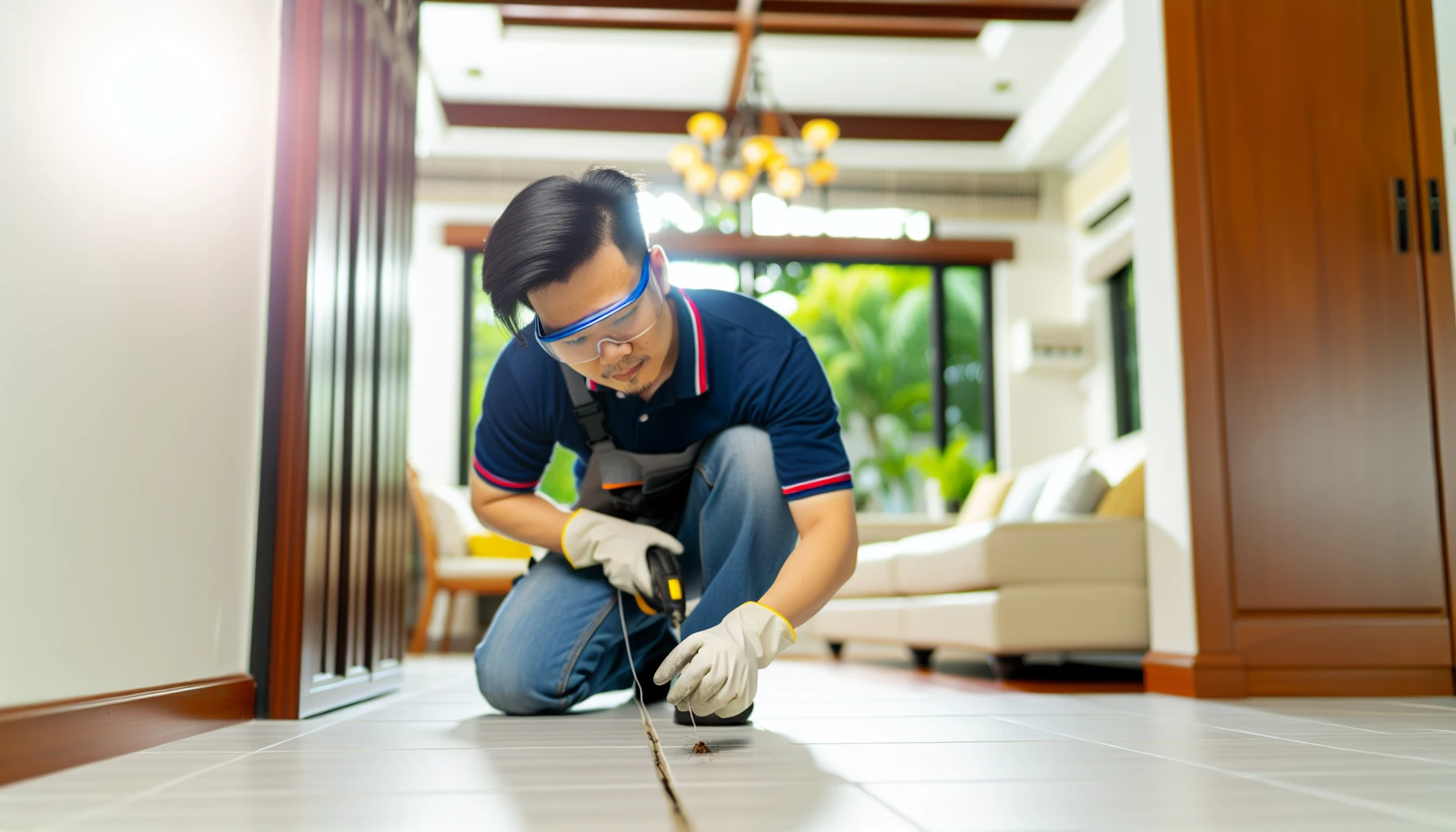 Photo of a person sealing cracks and crevices in a home to prevent oriental cockroach infestations