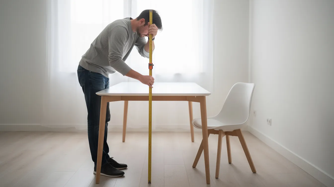 En person mäter höjden på ett matbord med en måttstock, medan en modern vit plaststol står bredvid. Stolen är designad för att passa in i både inomhus- och utomhusmiljöer och erbjuder en bekväm sittupplevelse.