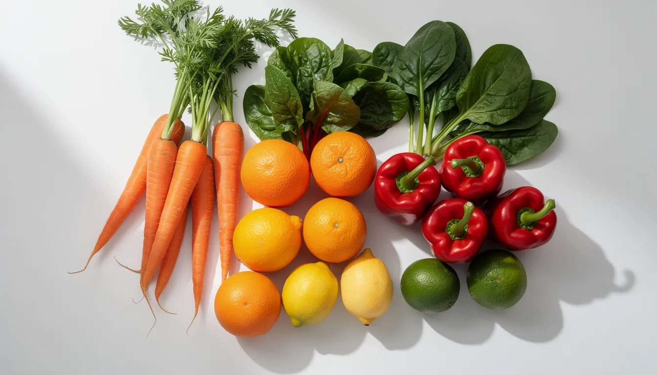A vibrant arrangement features fresh orange carrots, red bell peppers, leafy green spinach, and bright citrus fruits, all rich in essential nutrients that support overall health and immune function. This colorful display highlights the importance of a balanced diet, incorporating various food groups to provide vital vitamins and minerals for the human body.