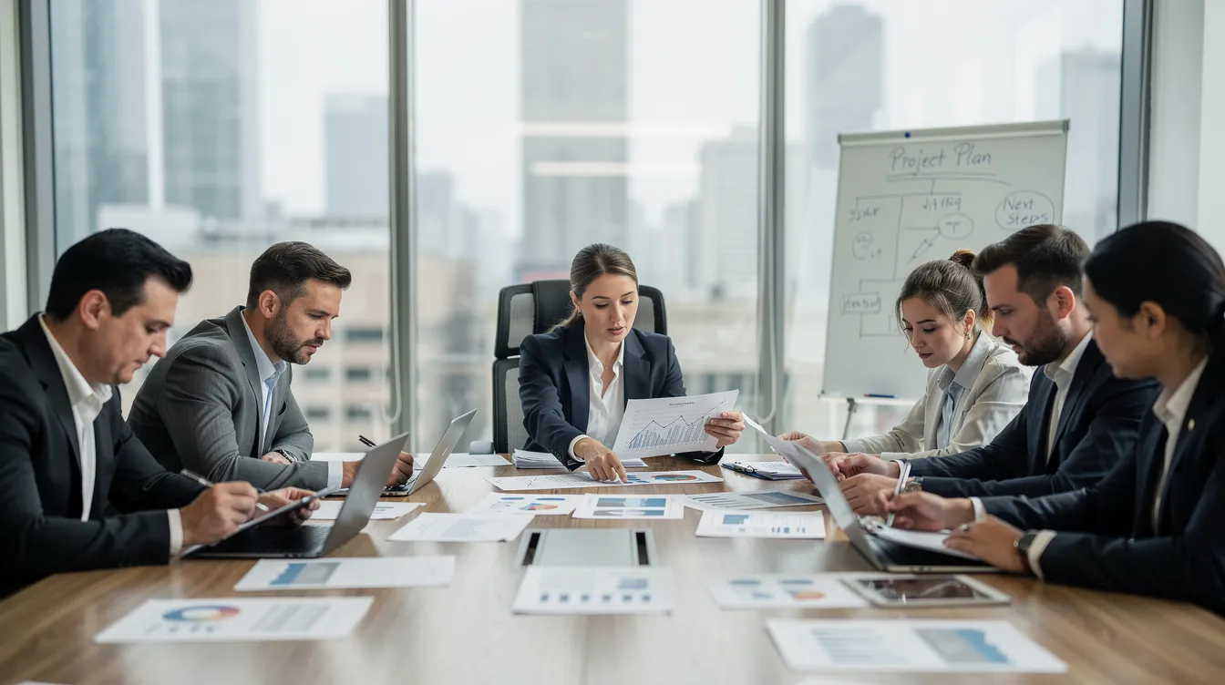 A group of professionals is gathered in a meeting room, reviewing documents and discussing strategies for developing a successful business model. They are focused on planning the franchising process, considering potential franchisees and the necessary franchise documentation to support their growth.