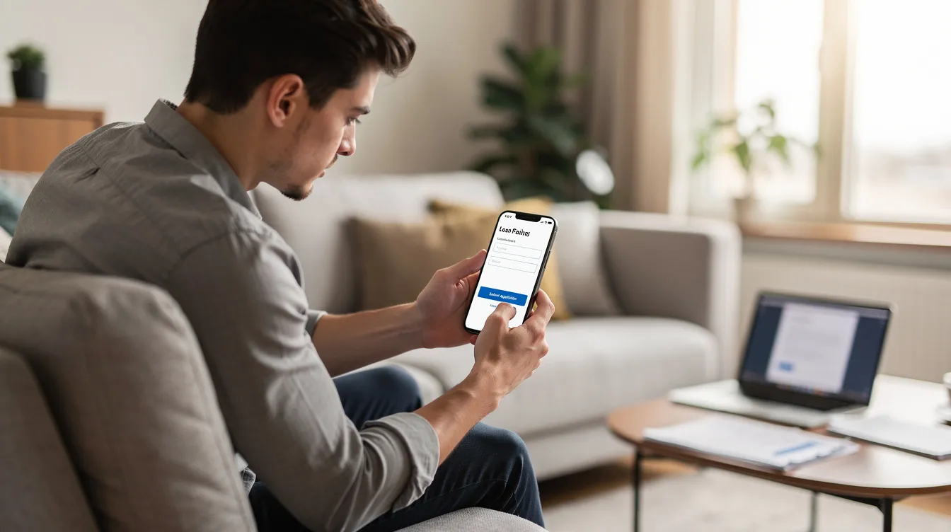 A person is seated in a modern living room, focused on their smartphone as they submit a loan application, likely for a personal loan. The scene conveys a sense of convenience and efficiency, reflecting the ease of online application processes for loans with features like instant approval and flexible repayment terms.
