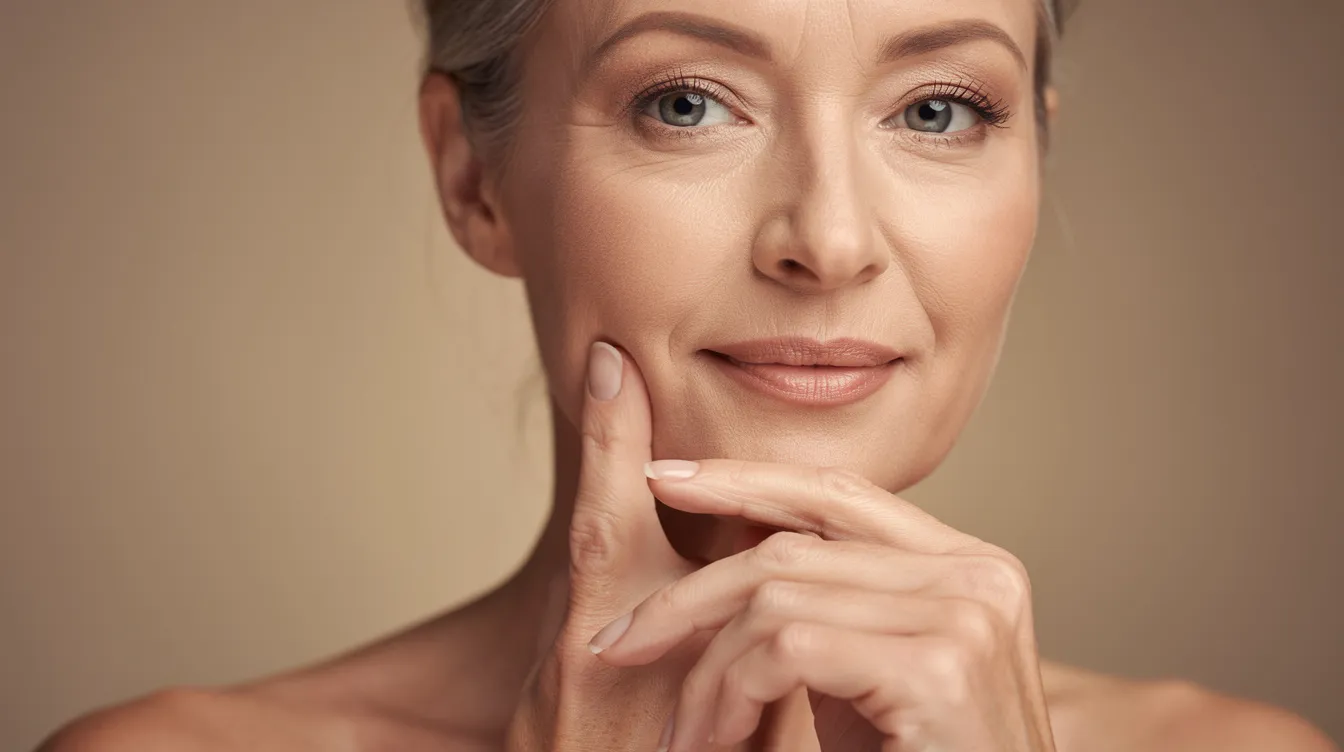 A close-up portrait of a middle-aged woman with smooth, firm skin gently touching her jawline, highlighting her youthful appearance and improved skin quality. This image reflects the effects of a radiesse treatment, known for its ability to restore volume and stimulate collagen production for natural-looking results.