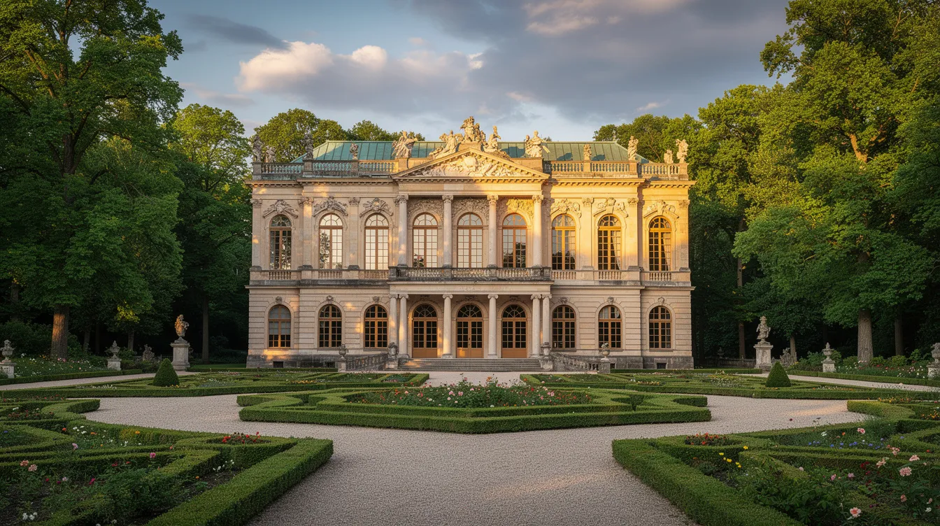 Imagem de um magnífico palácio barroco cercado por jardins formais e árvores frondosas, localizado no centro histórico de Varsóvia, Polônia. O cenário destaca a beleza arquitetônica e a rica cultura da cidade, com um toque de natureza ao redor.