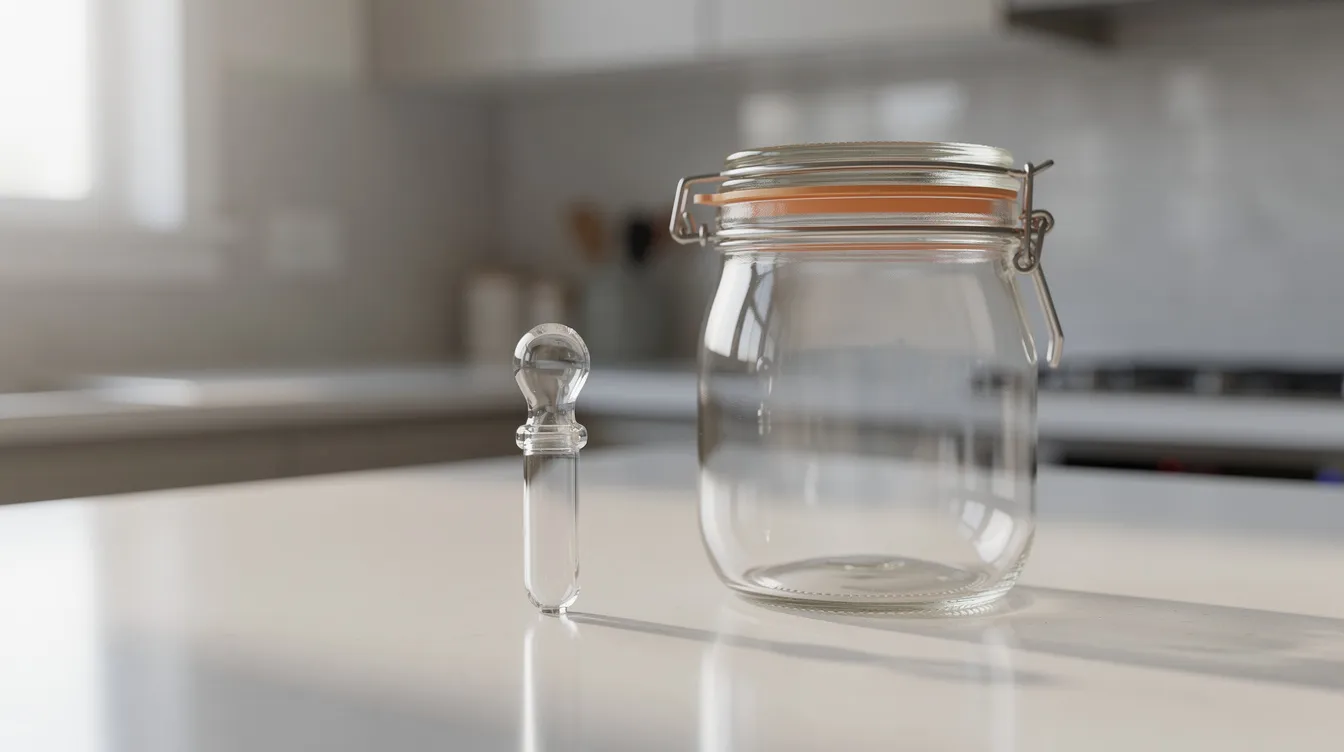 A small glass pipe rests next to an airtight glass jar on a clean kitchen counter, showcasing a frosty appearance reminiscent of snow caps. This setup is ideal for cannabis enthusiasts who appreciate the visual appeal and quality of premium THCA flower.
