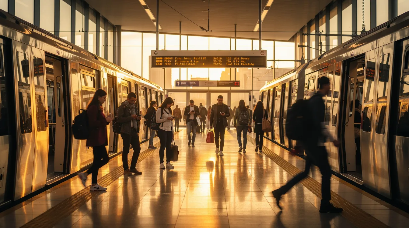 The image depicts a bustling metro station platform during golden hour, filled with commuters waiting for modern trains amidst the backdrop of Dubai's impressive skyline. The warm light highlights the contrast between the city's old and new architecture, capturing the vibrant energy of public transportation in this dynamic urban landscape.