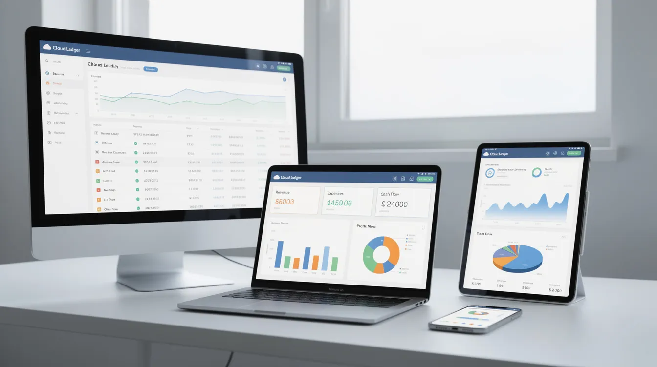 The image displays multiple devices, including a laptop, tablet, and smartphone, all showcasing a connected cloud accounting dashboard. This visual emphasizes the convenience of online accounting services for small business owners, allowing for efficient financial management and access to real-time financial data from anywhere.