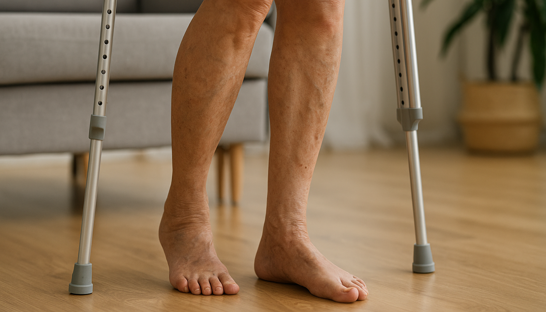 Eldre person står med krykker, viser svake og deformerte føtter forårsaket av Charcot-Marie-Tooth-sykdom.