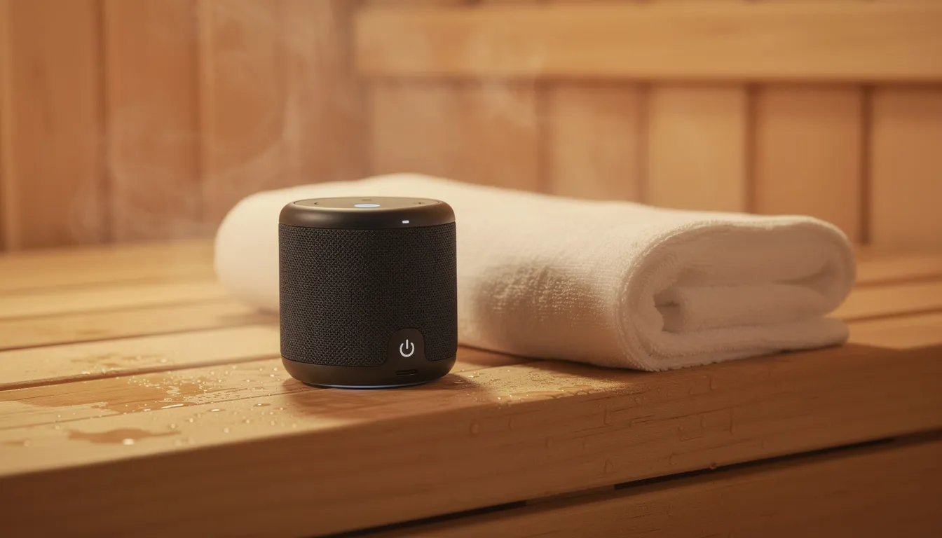 A wireless Bluetooth speaker rests on a wooden sauna bench beside a neatly folded white towel, creating a serene atmosphere perfect for sauna sessions. The speaker is ready to play relaxing sounds that enhance the sauna experience, promoting relaxation and well-being in this tranquil environment.