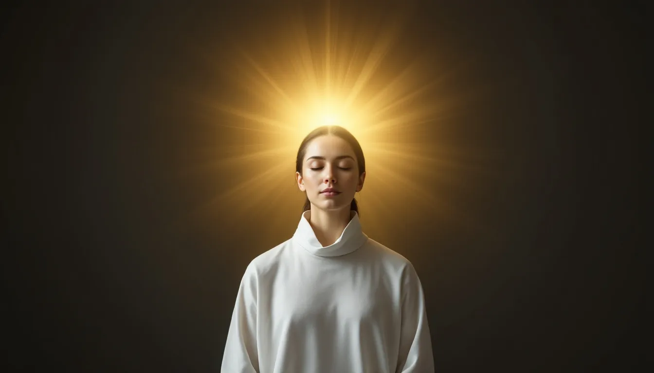 An ethereal glow emanates from the crown chakra at the top of a person's head, symbolizing a deep connection to their spiritual awakening journey. This radiant energy reflects the heightened sensitivity and spiritual insights often experienced during the awakening process.