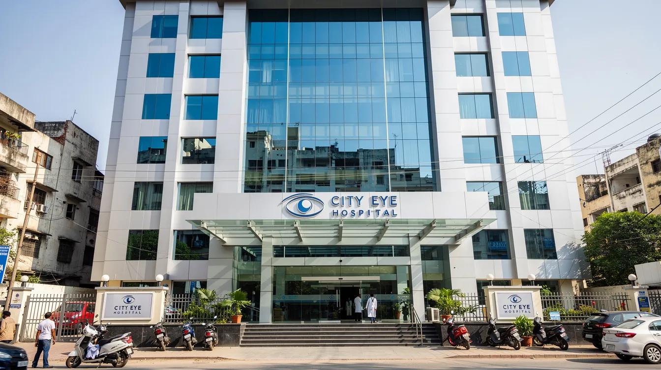 The image depicts a modern eye hospital building with a sleek glass facade and prominent signage, situated in an Indian city. This facility is designed to provide high-quality eye care services, including cataract surgery, while showcasing advanced medical equipment and a commitment to patient satisfaction.
