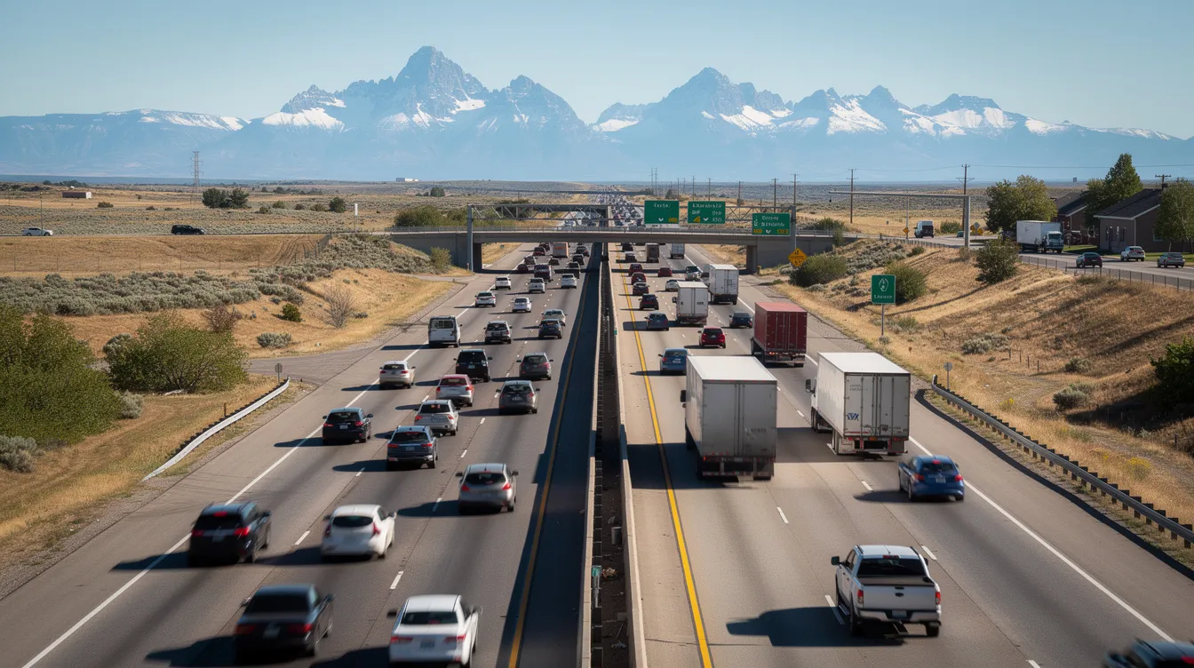 The image depicts a busy Colorado highway with numerous vehicles traveling in both directions, illustrating the potential for car accidents. This scene emphasizes the importance of understanding Colorado car accident laws and the need for legal representation when navigating car accident claims and determining fault in multi-car accidents.