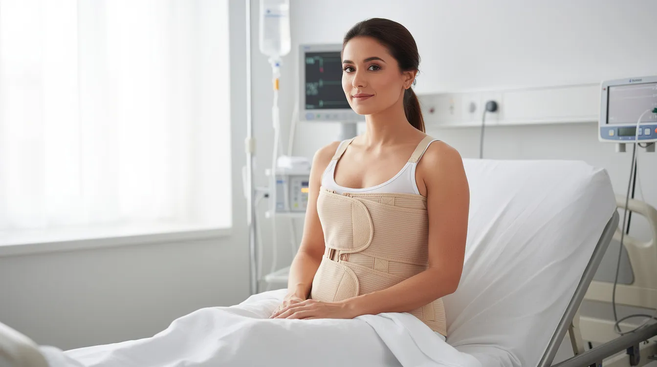 A woman is wearing a medical compression garment around her midsection in a clinical recovery setting, designed to support her healing process after a tummy tuck procedure. This tight-fitting garment helps reduce swelling and aids in achieving the new shape of her body while following her surgeon's instructions.