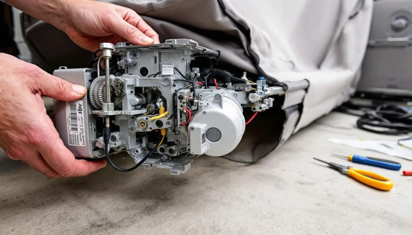The image shows an RV awning mechanism and motor components being repaired, highlighting the intricate parts involved in the maintenance process. Certified technicians are focused on fixing the RV issues, ensuring that the awning is ready for the RV lifestyle and safe for use by customers.