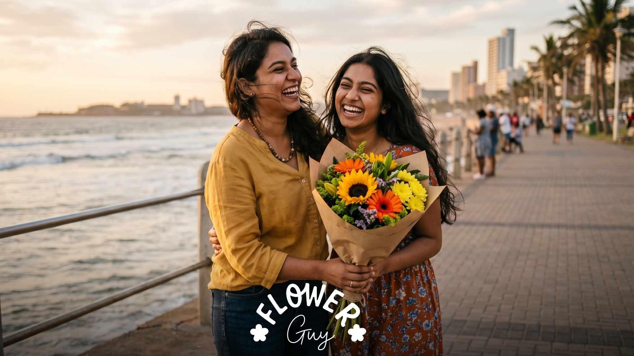 Two sisters laughing and sharing happy birthday messages with a sunflower and gerbera bouquet on the Durban beachfront at sunset