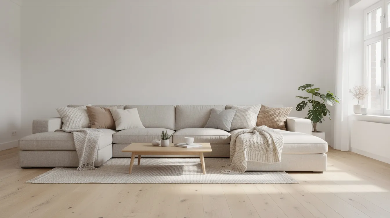 Ett ljust och inbjudande vardagsrum med en stor beige modulsoffa i U-form, omgiven av mjuka kuddar och en pläd, vilket skapar en komfortabel och lyxig känsla. Soffan passar perfekt för att samla familj och vänner i hemmet.